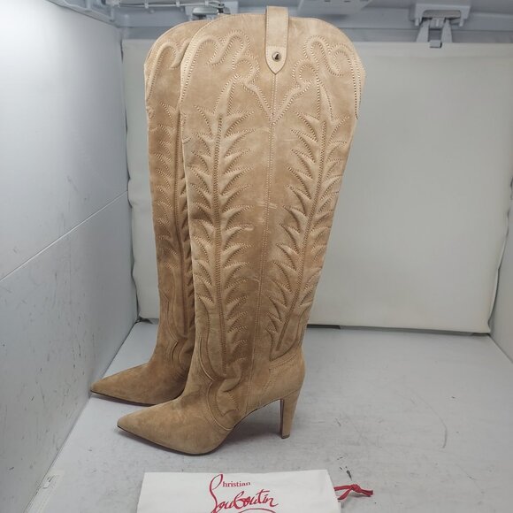 Christian Louboutin Santia Beige Suede Knee Tall Cowboy Western Heel Boot - Picture 1 of 14